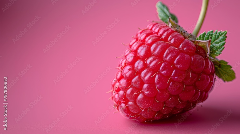 A raspberry, tightly focused, against a pink backdrop A green leaf hovering above A raspberry, tightly focused, against a pink backdrop A green leaf hovering above
