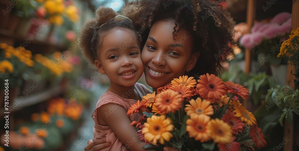 Happy mom and daughter with flowers in the garden. Mother's day concept. Happy mom and daughter with flowers in the garden. Mother's day concept.