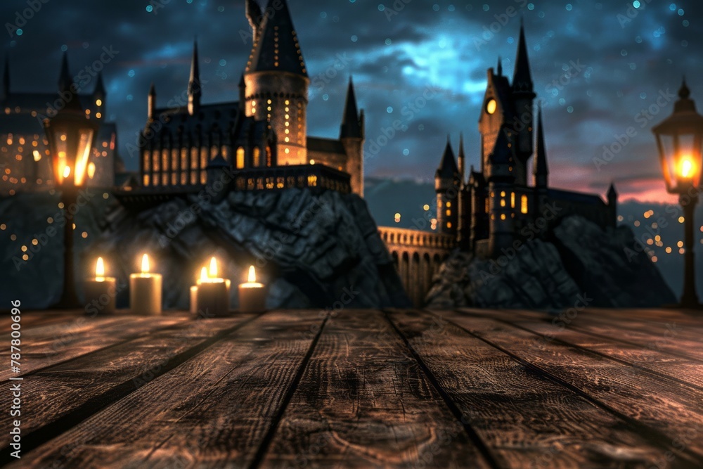 An empty wooden table is set against the backdrop of a castle, with candles providing evening illumination.