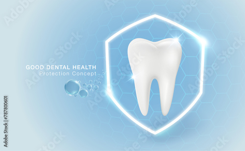 Good dental health With shield and protection concept. Realistic vector illustration.