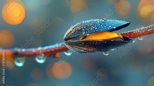  A tight shot of a water droplet clinging to a tree branch against a softly blurred backdrop of twinkling lights