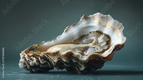  A tight shot of a seashell against a blue backdrop, adorned with water droplets at its base and underside