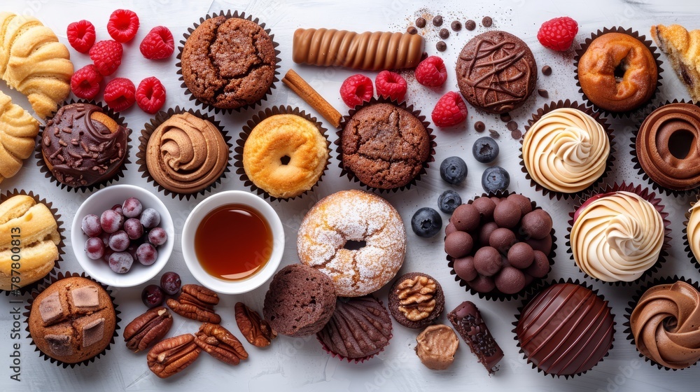 A table laden with diverse cupcakes and muffins, adjacent to a steaming cup of tea A table laden with diverse cupcakes and muffins, adjacent to a steaming cup of tea
