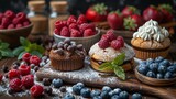   A table, laden with muffins - dusted in powdered sugar,..Topped generously with vibrant raspberries,..Blueberries nestled atop,