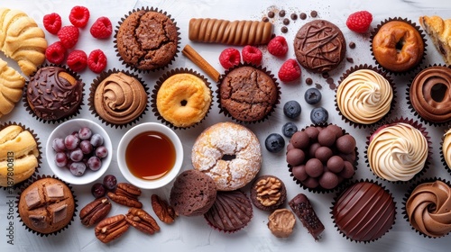  A table laden with diverse cupcakes and muffins, adjacent to a steaming cup of tea