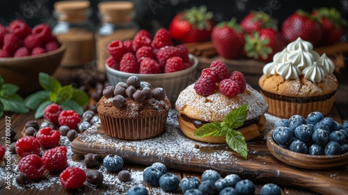   A table  laden with muffins - dusted in powdered sugar ..Topped generously with vibrant raspberries ..Blueberries nestled atop 