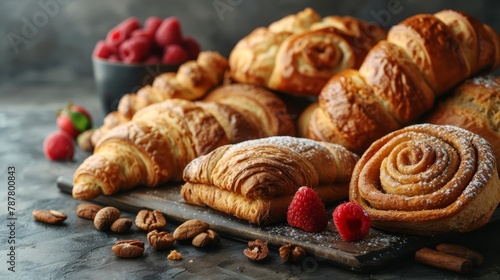  A mound of croissants, raspberries, almonds, and a separate bowl of fresh raspberries