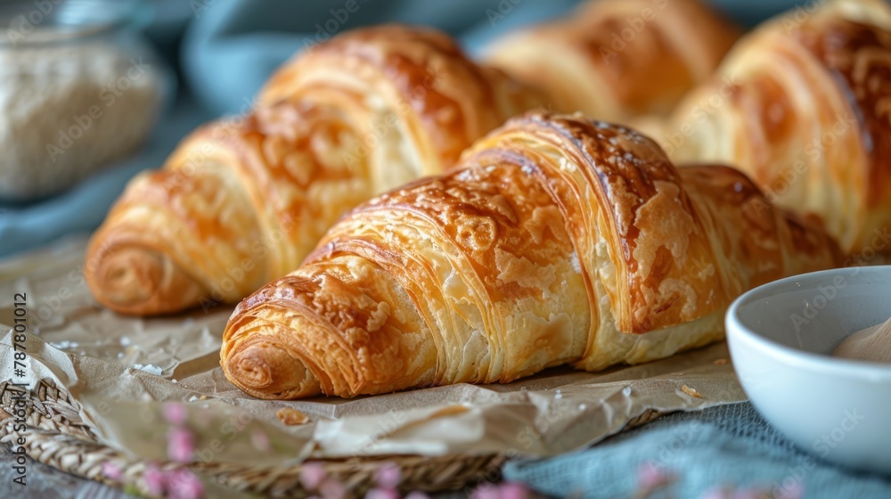 A dozen croissants atop wax paper, nearby, a peanut butter bowl waits A dozen croissants atop wax paper, nearby, a peanut butter bowl waits