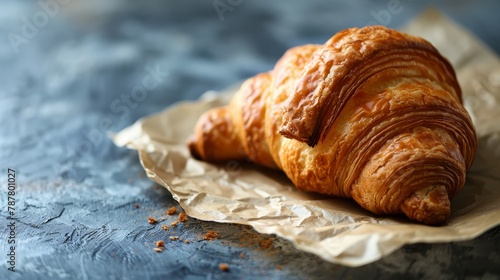   A croissant atop a wax paper, twice