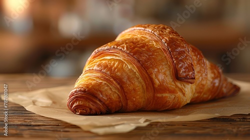   A croissant atop wax paper on a weathered table, background softly blurred