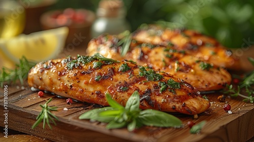   A tight shot of two grilled chicken breasts on a cutting board Herbs and lemons lie in the backdrop photo