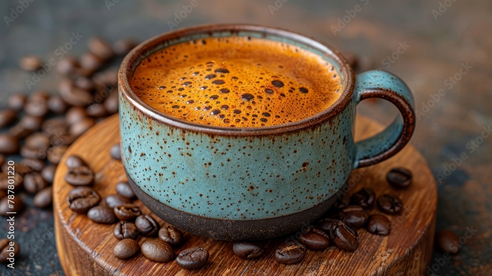 A cup of coffee atop a wood cutting board, nearby is a stack of coffee beans on the table A cup of coffee atop a wood cutting board, nearby is a stack of coffee beans on the table