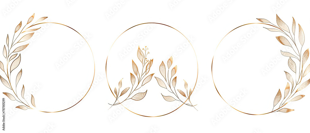 three oval gold frames with leaves and branches on a white background three oval gold frames with leaves and branches on a white background