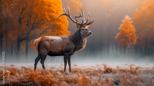   A deer stands in a field  flanked by a forest teeming with orange-leaved trees