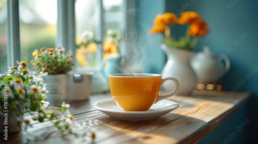 A cup of coffee atop a wooden table, accompanied by a vase of flowers and a potted plant A cup of coffee atop a wooden table, accompanied by a vase of flowers and a potted plant
