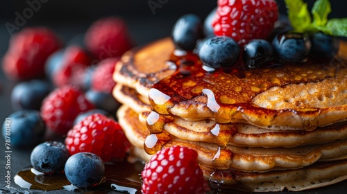  A stack of pancakes with blueberries, raspberries, and syrup on a black surface Nearby, a mound of separate blueberries and raspberries