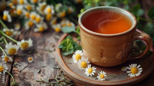   A cup of tea atop a wooden table  surrounded by daisies and wildflowers