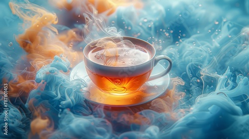   A cup of tea sits atop a saucer, enshrouded by hues of blue and yellow smoke