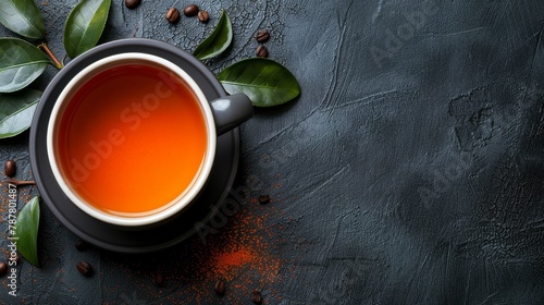   A cup of tea rests on a table against a dark backdrop Surrounding it are green tea leaves and scattered spices, ready for text inscription