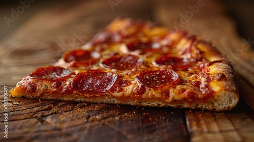  A pepperoni pizza slice atop a bread piece on a wooden cutting board