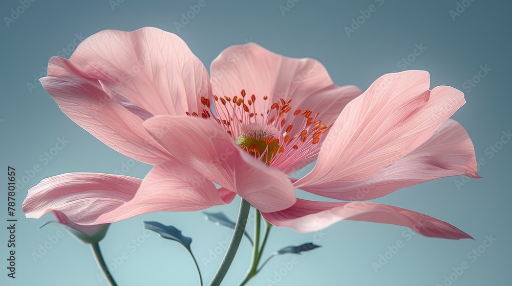   A pink flower in sharp focus against a blue background, with a softly blurred sky above