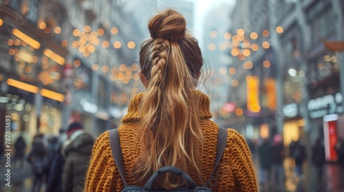   Woman's head turned, walking downtown amidst bustling city street Lights shimmered behind photo
