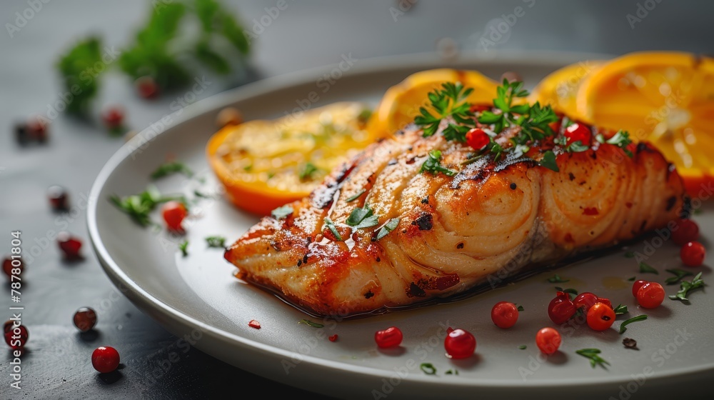 A white plate holds a fish piece, adjacent oranges sliced, parsley as garnish A white plate holds a fish piece, adjacent oranges sliced, parsley as garnish