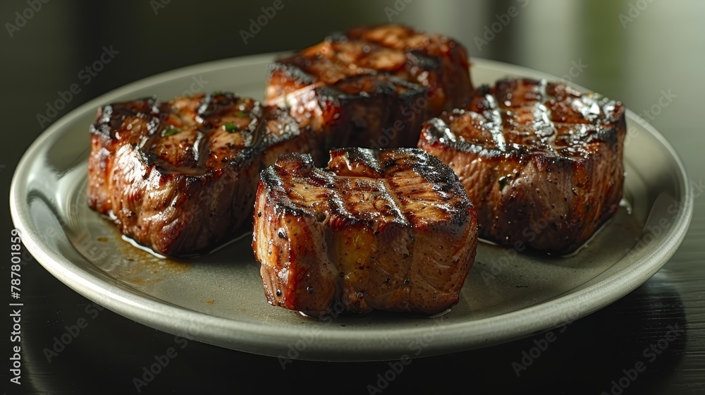 A white plate holds four steaks atop a wooden table Nearby, a bottle of ketchup stands ready A white plate holds four steaks atop a wooden table Nearby, a bottle of ketchup stands ready