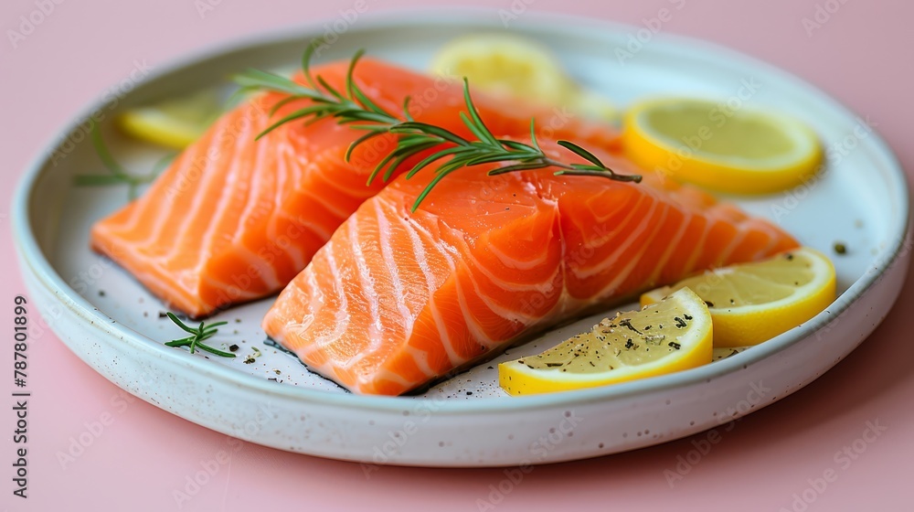 Two salmon fillets on a plate, garnished with lemon wedges and a rosemary sprig Two salmon fillets on a plate, garnished with lemon wedges and a rosemary sprig