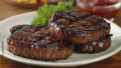   A white plate holds three steaks, each topped with BBQ sauce Lettuce serves as the garnish