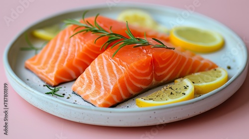  Two salmon fillets on a plate, garnished with lemon wedges and a rosemary sprig