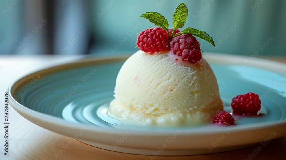 A raspberry-topped cake piece on a blue plate, situated on a wooden table A raspberry-topped cake piece on a blue plate, situated on a wooden table