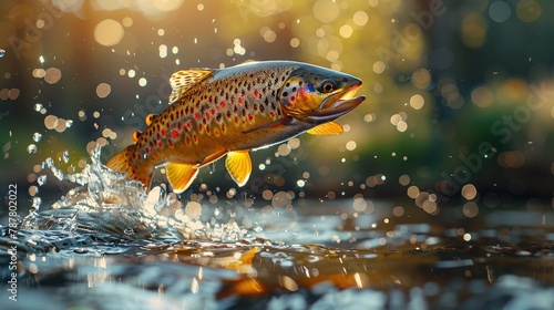 Fish above water catching bait. Panoramic banner with copy space.Jumping Rainbow trout (Oncorhynchus mykiss), Port Hope, Ontario, Canada photo