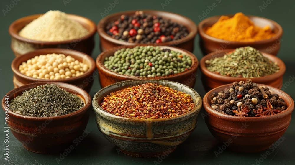   A collection of bowls holding various spices alignment on a verdant tablecloth