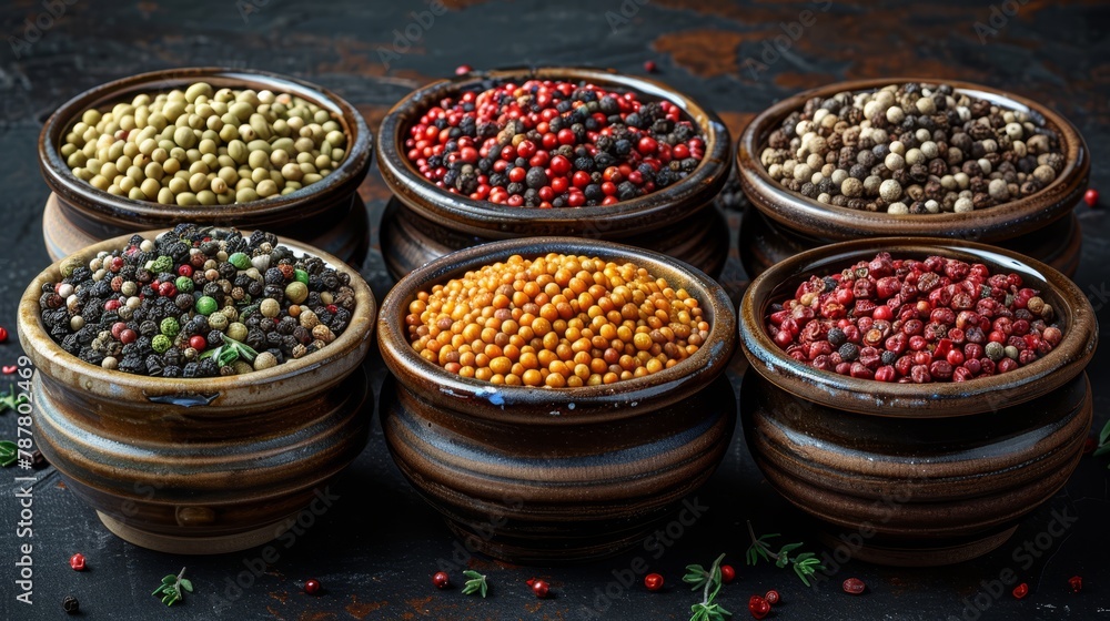   A black table holds a collection of various foods in wooden bowls Nearby, a plant adds a touch of greenery