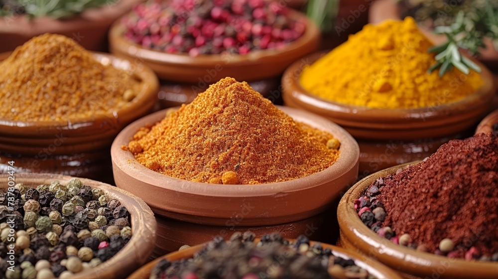  some brimming with various types of spices, others occupied by wooden ones holding distinct spice types