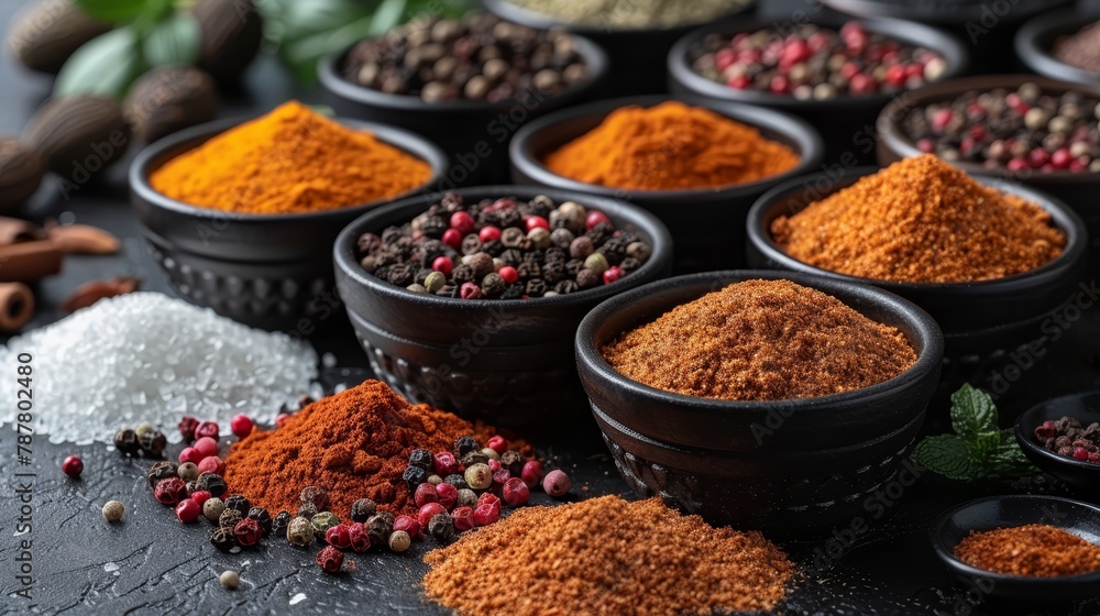 A table, topped with bowls holding various spices, sits beside a pile on a black table A table, topped with bowls holding various spices, sits beside a pile on a black table
