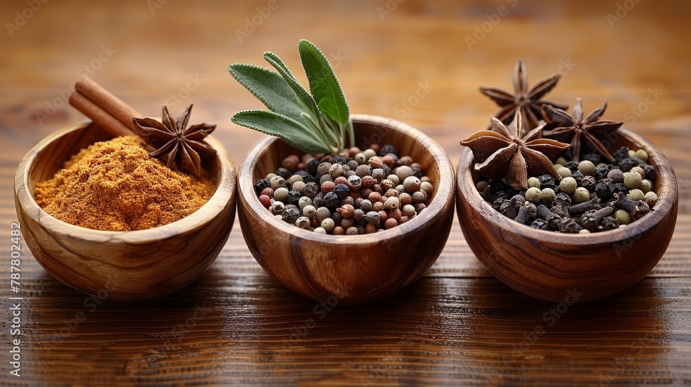 Three wooden bowls, each brimming with spices, sit atop a weathered table A solitary green leaf graces the surface of one bowl Three wooden bowls, each brimming with spices, sit atop a weathered table A solitary green leaf graces the surface of one bowl