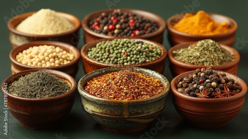  A collection of bowls holding various spices alignment on a verdant tablecloth