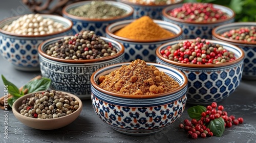   A table, topped with bowls of various spice types, lies next to a mound of pepperoni and additional spices