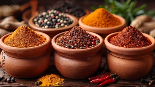  A collection of clay pots, each brimming with distinct types of spices, sits beside chili peppers and additional spices on the table