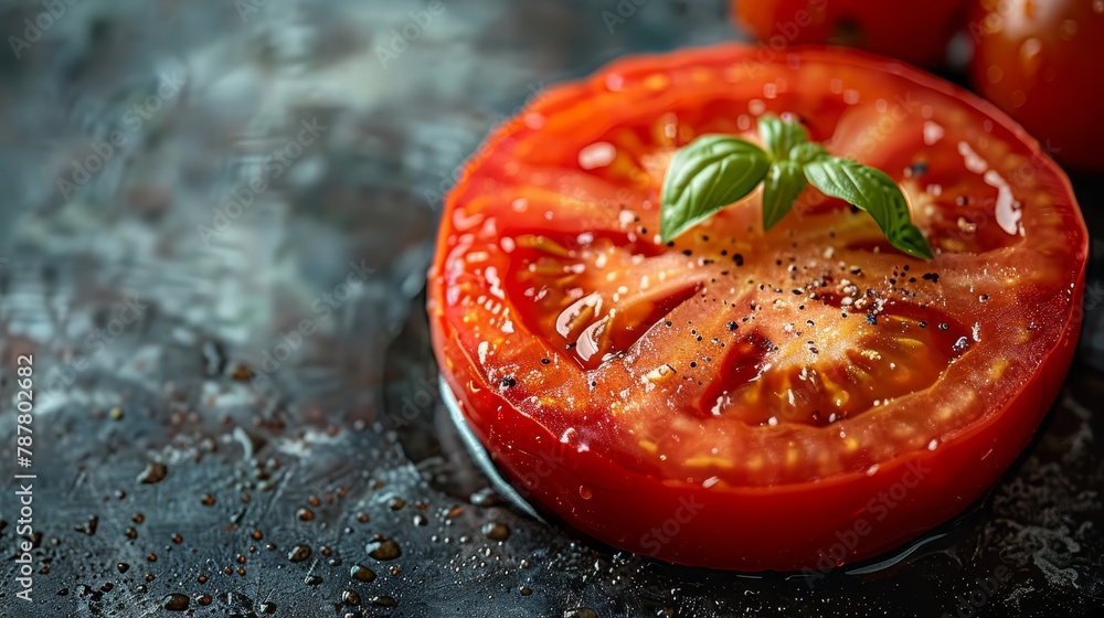 A tight shot of a sliced tomato on a plate, garnished with a sprig of seasoning atop A tight shot of a sliced tomato on a plate, garnished with a sprig of seasoning atop