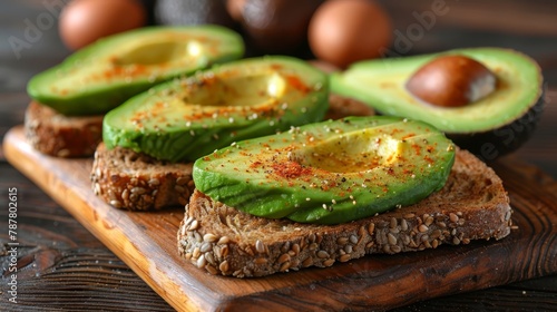  A wooden cutting board, topped with sliced bread, each slice dressed in avocado, and lightly seasoned