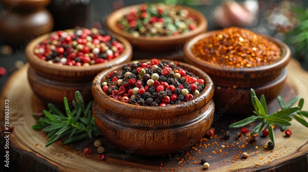 A tight shot of three wooden bowls, each brimming with distinct spice varieties, atop a weathered tray on a table A tight shot of three wooden bowls, each brimming with distinct spice varieties, atop a weathered tray on a table