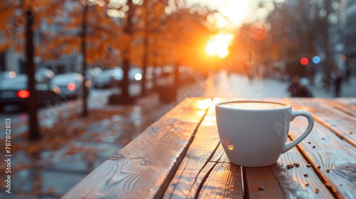  A cup of coffee rests on a weathered wooden table, facing a city street at sunset