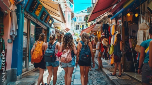 Group of friends exploring an ancient city narrow alleyways and vibrant markets photo