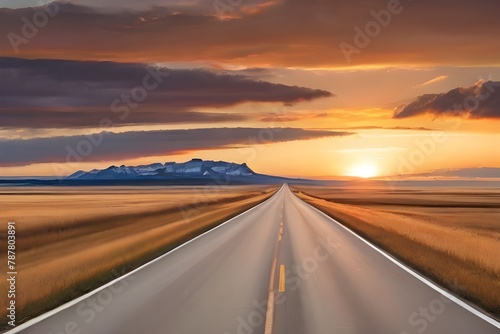 Straight road through rural landscape at sunset  Alberta  Canada Generative AI