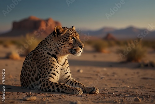 Sad emotional leopard sitting alone in desert with evening background