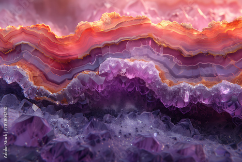 Close up of purple and orange amethyst crystals natural wallpaper background