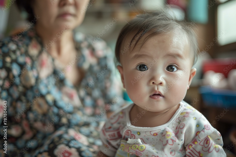 A baby sitting in front of a woman with a look of confusion. Generative AI. A baby sitting in front of a woman with a look of confusion. Generative AI.